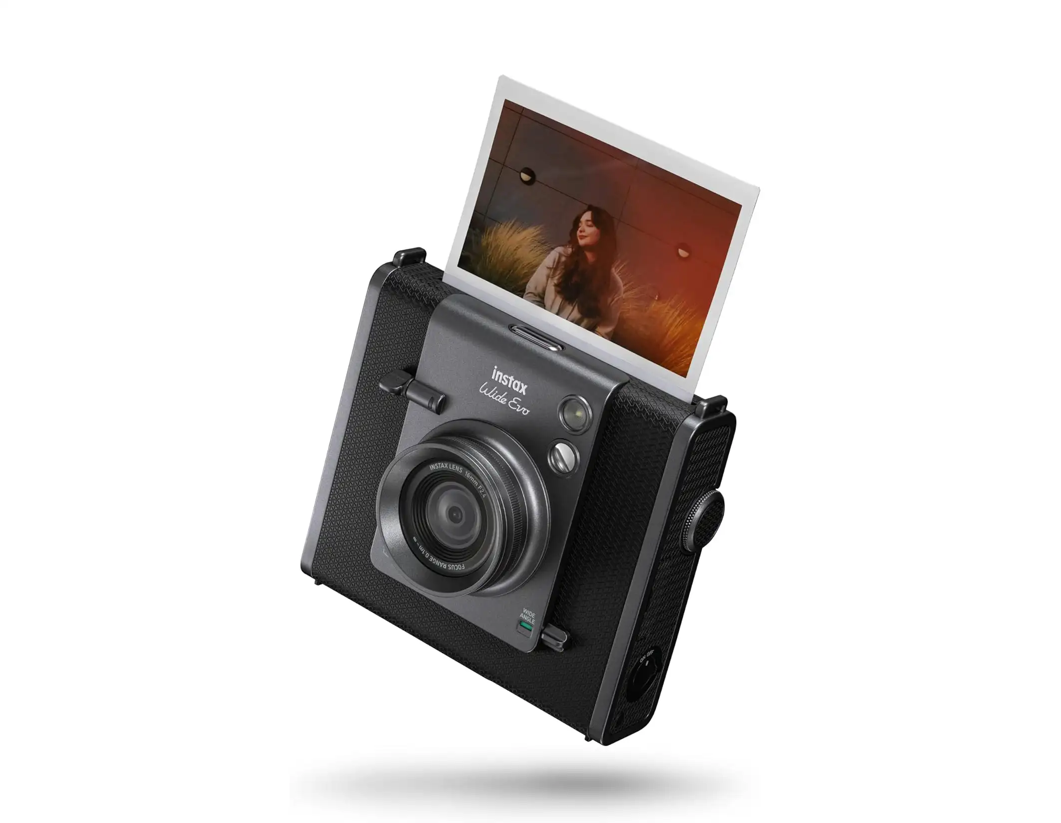 This INSTAX Wide EVO boasts a 16mm wide angle lens for expansive group shots and landscapes